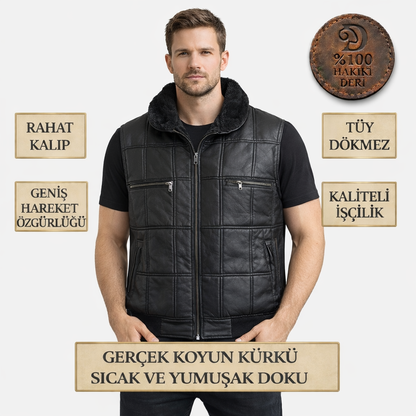 Yakalı Hakiki Deri Yelek
